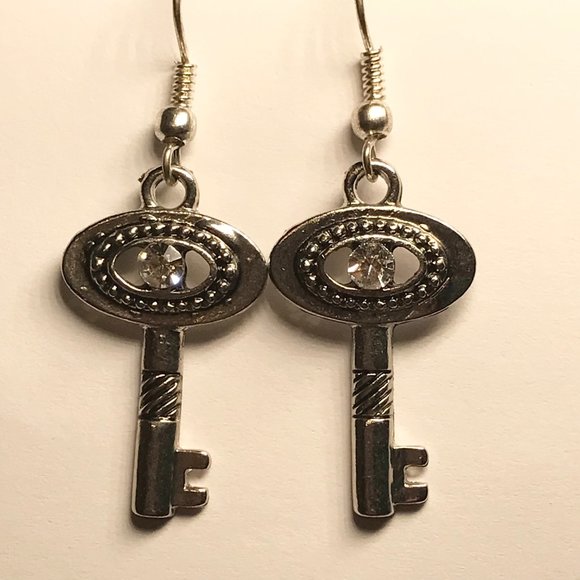 Key Earrings Silver Tone Plated Crystal Padlock Lock Steampunk Vintage Style - Picture 7 of 9